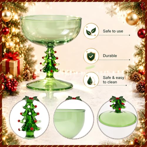 2 Pack Christmas Tree Coupe Glasses Hand Blown Cocktail Martini Glasses