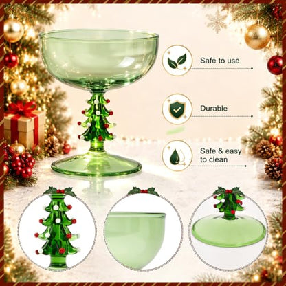 2 Pack Christmas Tree Coupe Glasses Hand Blown Cocktail Martini Glasses