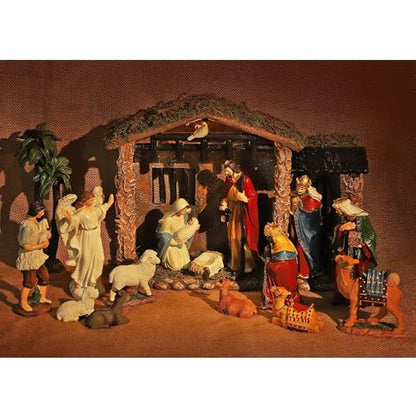 Fovths 7 Inch Lighted Nativity Stable Manger Figurine Set - 17 Pieces for Christmas Decor
