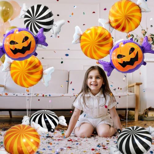 Halloween Candy Balloons Kit - 6pcs Pumpkin & Black Orange Balloons for Party Decoration - Candy Variation