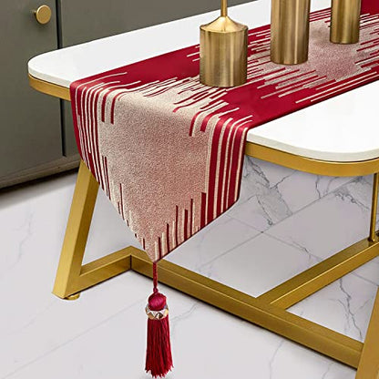 Red Gold Modern Abstract Geometric Table Runner 13 x 72 Inches with Tassels