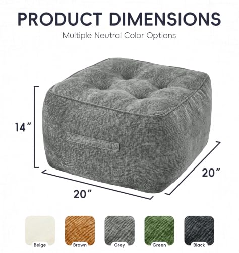 Large Chenille Square Pouf Ottoman Foot Rest - Grey, 20 x 20 x 14 inches