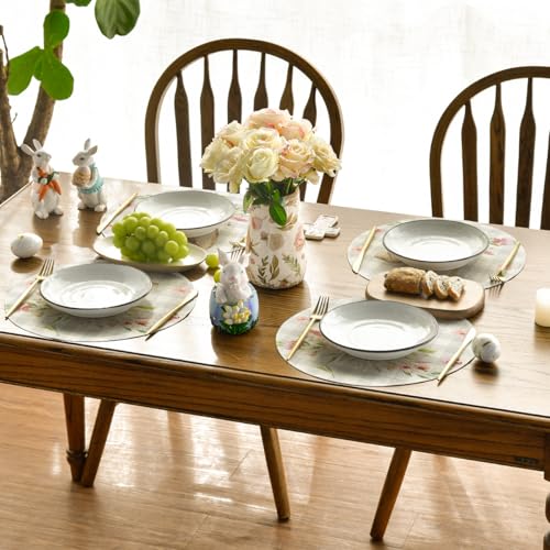 14-Inch Bunny Rabbit Ears Buffalo Plaid Easter Round Placemats Set of 4 for Spring Table Decor