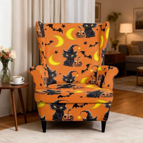 Cat Pumpkin Armchair Slipcover for Wingback Chairs - 2 Piece Set