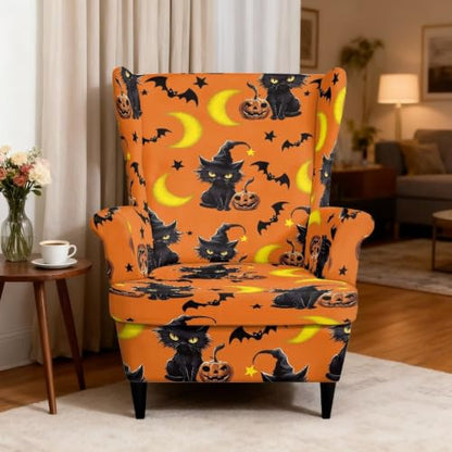 Cat Pumpkin Armchair Slipcover for Wingback Chairs - 2 Piece Set