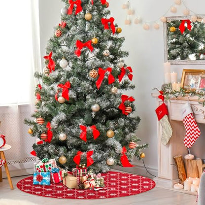 Christmas Tree Skirt 48 Inches Red with Gold Sequin Snowflakes - Holiday Decor