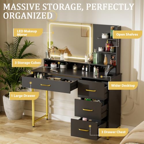 Black Makeup Vanity Table with Mirror & Lights, 4 Drawers & Storage Shelves - Large