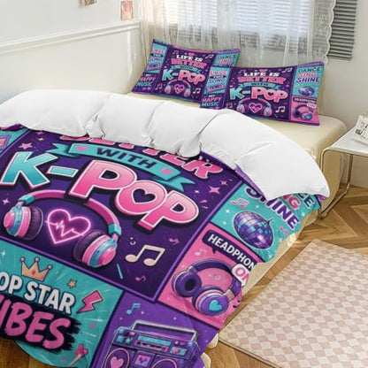 Kpop Music Love Life Better With Kpop Duvet Cover Set Queen Size 90x90 - 3 Piece with Pillowcases