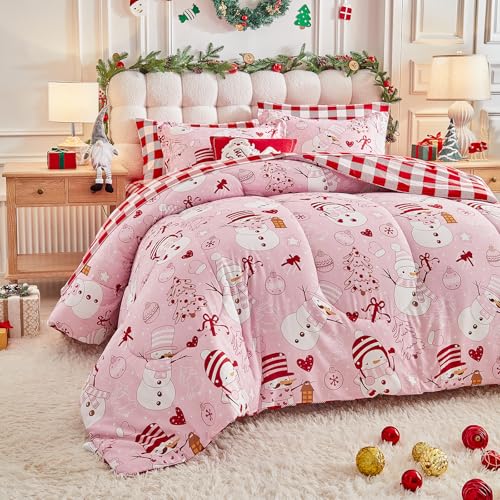 Pink Snowman Christmas Comforter Sheet Set King - 7 Pieces Holiday Bedding