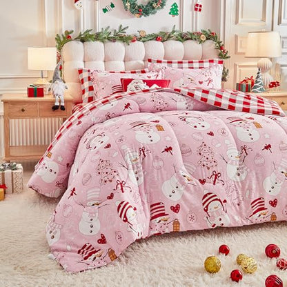 Pink Snowman Christmas Comforter Sheet Set King - 7 Pieces Holiday Bedding
