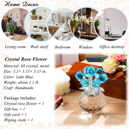 Crystal Lake Blue Rose Figurine with Vase - Romantic Glass Flower Gift for Women