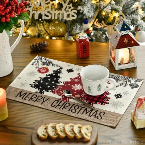 12x18 Inch Christmas Placemats Set of 6 - Red & Beige Holiday Table Decor