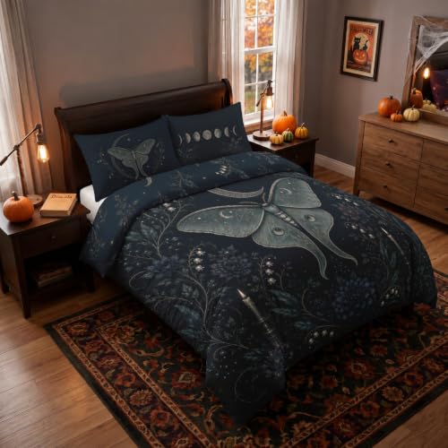 Oversized King Gothic Duvet Cover Set Luna Moth Floral Navy Blue Gray Silver
