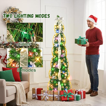 6FT Artificial Christmas Tree with Lights and Timer - Collapsible & Pre-Decorated