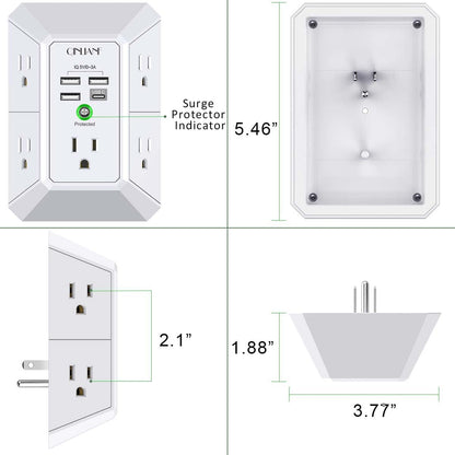 QINLIANF Wall Charger - 5 Outlet Surge Protector with 4 USB Ports | 3-Sided 1680J Power Strip for Home & Office