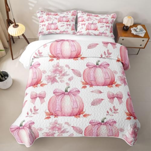Pink Pumpkin Quilt Set - Full Romantic Plaid Bed Cover with Bow Knot - Pink Yellow White