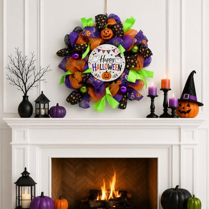 Purple Halloween Wreath for Front Door with Happy Halloween Sign - 18 Inch Outdoor Decor