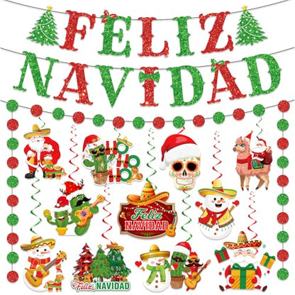 Mexican Christmas Decorations Banner & Hanging Swirls Set - Feliz Navidad