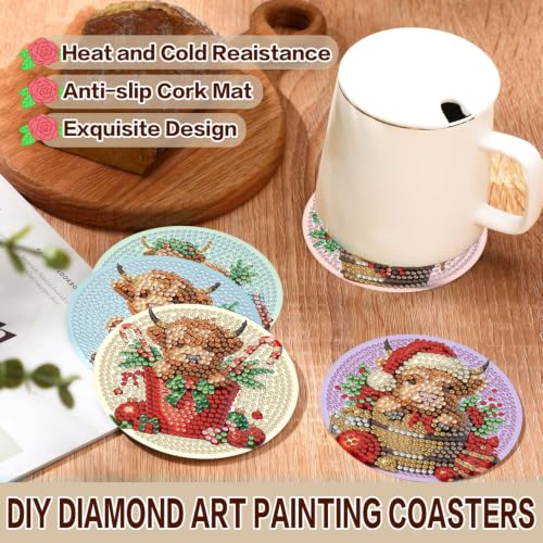 Christmas Cow Diamond Art Coasters Kit - 8 pcs Holiday Drink Protectors with Holder