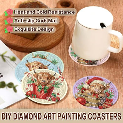 Christmas Cow Diamond Art Coasters Kit - 8 pcs Holiday Drink Protectors with Holder