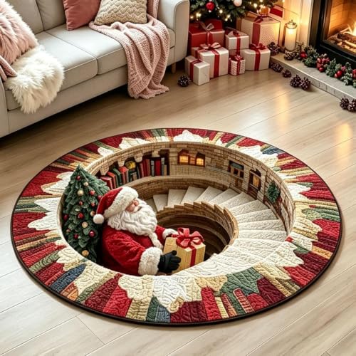 3D Optical Illusion Christmas Rug - Santa Vortex Round Floor Mat, 31.5 Inch Festive Decor