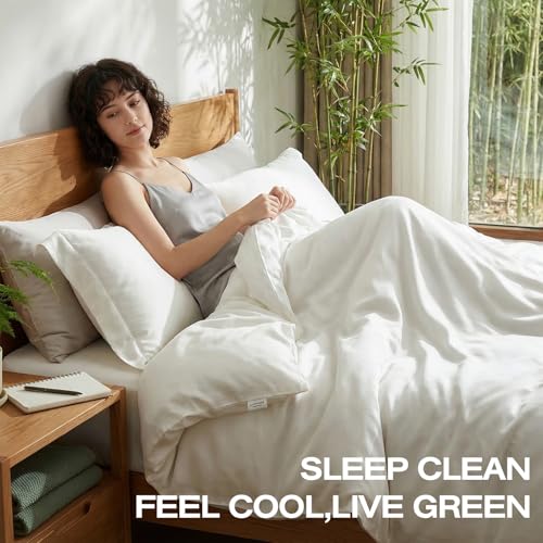 Queen Size Organic Viscose Bamboo Sheets Set - Cooling Silky Soft Bed Linen with 18" Deep Pockets & Corner Straps - White
