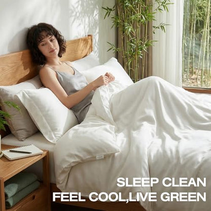 Queen Size Organic Viscose Bamboo Sheets Set - Cooling Silky Soft Bed Linen with 18" Deep Pockets & Corner Straps - White