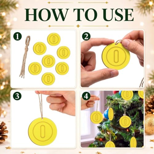 Preboun 12 Pcs Christmas Wooden Coin Ornaments - Brother Theme, Gold & Yellow, Coin Style