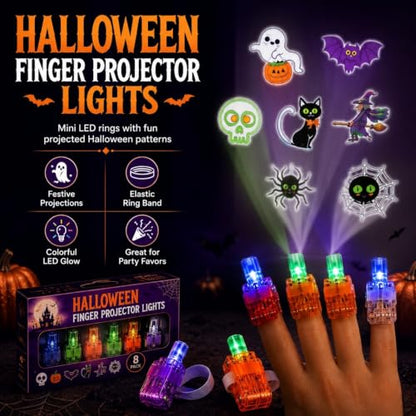 Halloween Finger Projection Lights - 8 pcs Finger Ring Projectors with Festive Patterns
