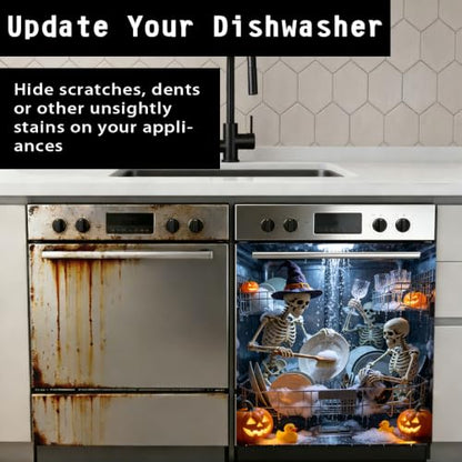 Halloween Skeleton Dishwasher Cover Sticker - Skeleton Team Spooky Ghost Waterproof Vinyl Decal