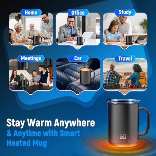 Rechargeable Self-Heating Coffee Mug with App Control, 150 Min Battery, LCD Screen, 14 Oz