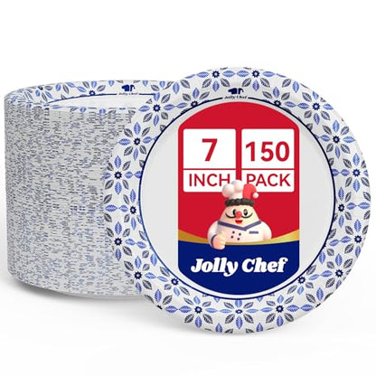 Disposable Paper Plates 7 Inch 150 Pack - Heavy Duty, Microwave Safe, Versatile for Parties & Events - JOLLY CHEF Variation of 7in-150 count