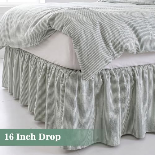 Tranqun Stripe Ruffled Bed Skirt Queen Size 16 Inch Drop Light Green