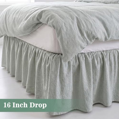 Tranqun Stripe Ruffled Bed Skirt Queen Size 16 Inch Drop Light Green
