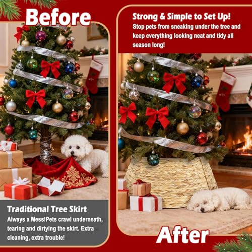 Round 27-Inch Rustic Woven Rattan Christmas Tree Collar - Natural Basket Cover for Artificial Xmas Tree