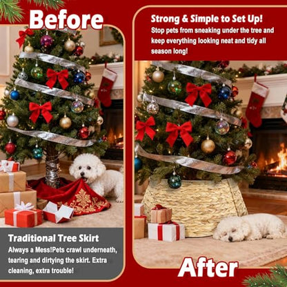 Round 27-Inch Rustic Woven Rattan Christmas Tree Collar - Natural Basket Cover for Artificial Xmas Tree