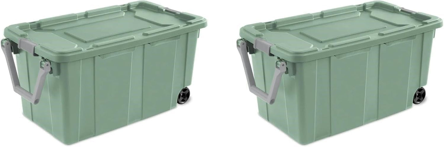Storage Bin - 40 Gallon Wheeled Industrial Tote | Tough Stackable Plastic Container - Green Sage (2 Pack)