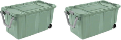 Storage Bin - 40 Gallon Wheeled Industrial Tote | Tough Stackable Plastic Container - Green Sage (2 Pack)