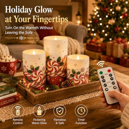 Christmas Candy Cane Flameless Candle Set with Remote - 3 Color Changing LED Pillar Candles