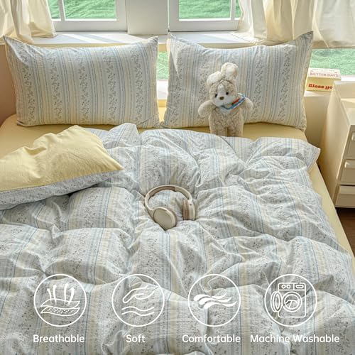 Queen Floral Comforter Set Blue Striped Floral Reversible Bedding