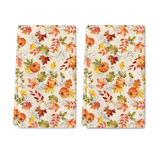 Autumn Hand Towels Set of 2 - Pumpkin and Maple Leaf Rustic Design, Orange Yellow