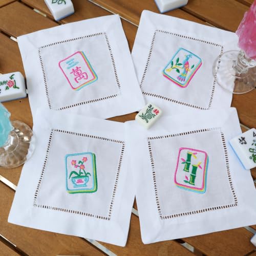 Set of 4 Mahjong Embroidered Cotton Cocktail Napkins - 6x6 Inches, Reusable & Eco-Friendly Table Decor