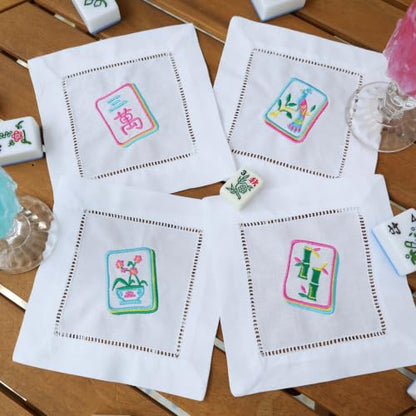 Set of 4 Mahjong Embroidered Cotton Cocktail Napkins - 6x6 Inches, Reusable & Eco-Friendly Table Decor