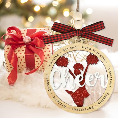 Cheer Christmas Ornament - Wooden Holiday Decor for Cheerleader Gifts - Red, 3.93 Inches - Cheer Variation