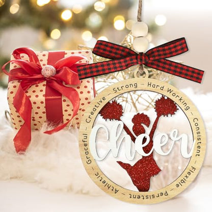 Cheer Christmas Ornament - Wooden Holiday Decor for Cheerleader Gifts - Red, 3.93 Inches - Cheer Variation