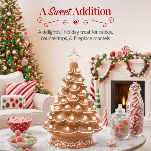 15in Ceramic Christmas Tree with White Bulbs & Star Toppers - Gingerbread Variation