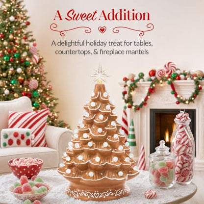 15in Ceramic Christmas Tree with White Bulbs & Star Toppers - Gingerbread Variation