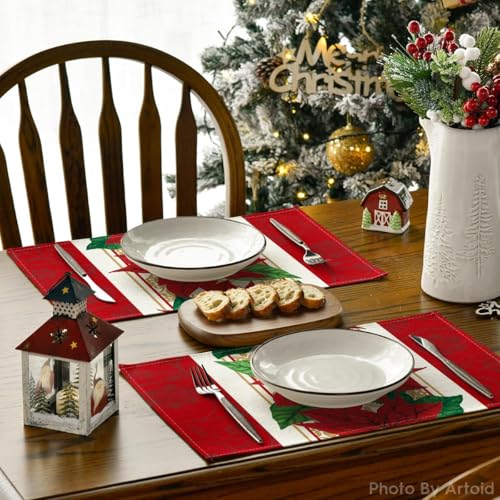Watercolor Poinsettia Christmas Placemats Set of 4 - 12x18 Inch Seasonal Table Decor