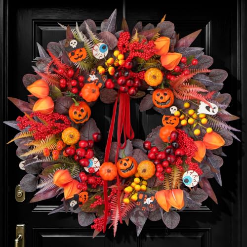 24-Inch Halloween Front Door Wreath with Jack-O'-Lantern and Autumn Foliage
