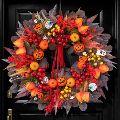24-Inch Halloween Front Door Wreath with Jack-O'-Lantern and Autumn Foliage